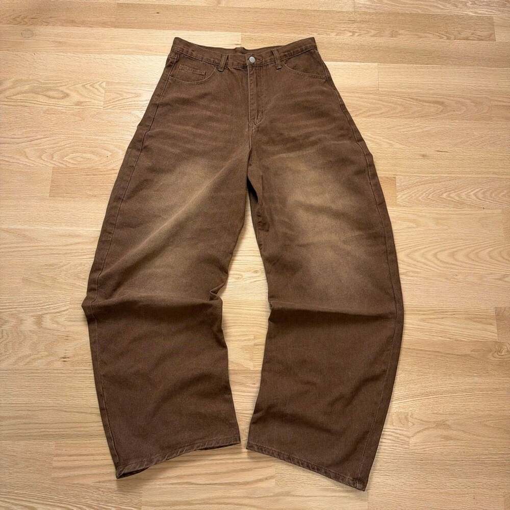 Manfinity Retro Loose Brown Washed Relaxed Fit Barrel Leg Jeans